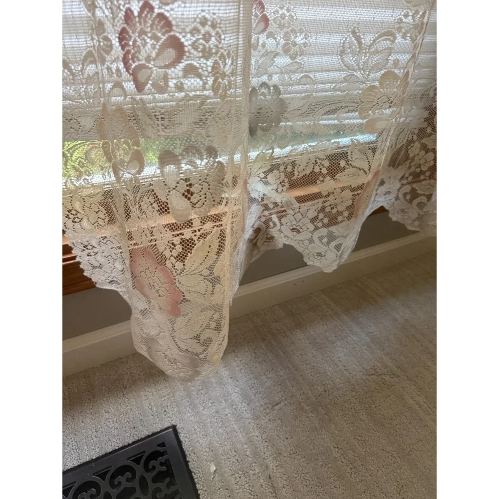 Vintage Ivory Lace Sheer Window Curtain Panel Pink Floral Cottage Shabby Chic (2